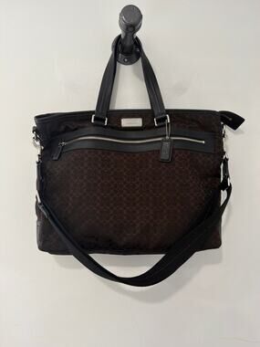Coach Mini Signature 2-Way Tote Bag Briefcase Dark Brown #F70291